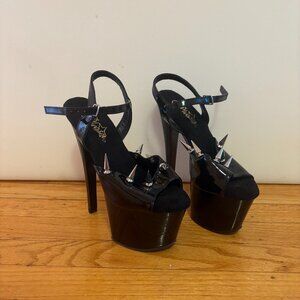 Custom Studded Pleaser Women's Sky-308 Ankle-Strap Sandal in patent black Size 6